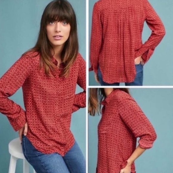 Holding Horses x Anthropologie Red Sammie Printed Button Down‎ Shirt Blouse Sz 2 - Picture 1 of 12